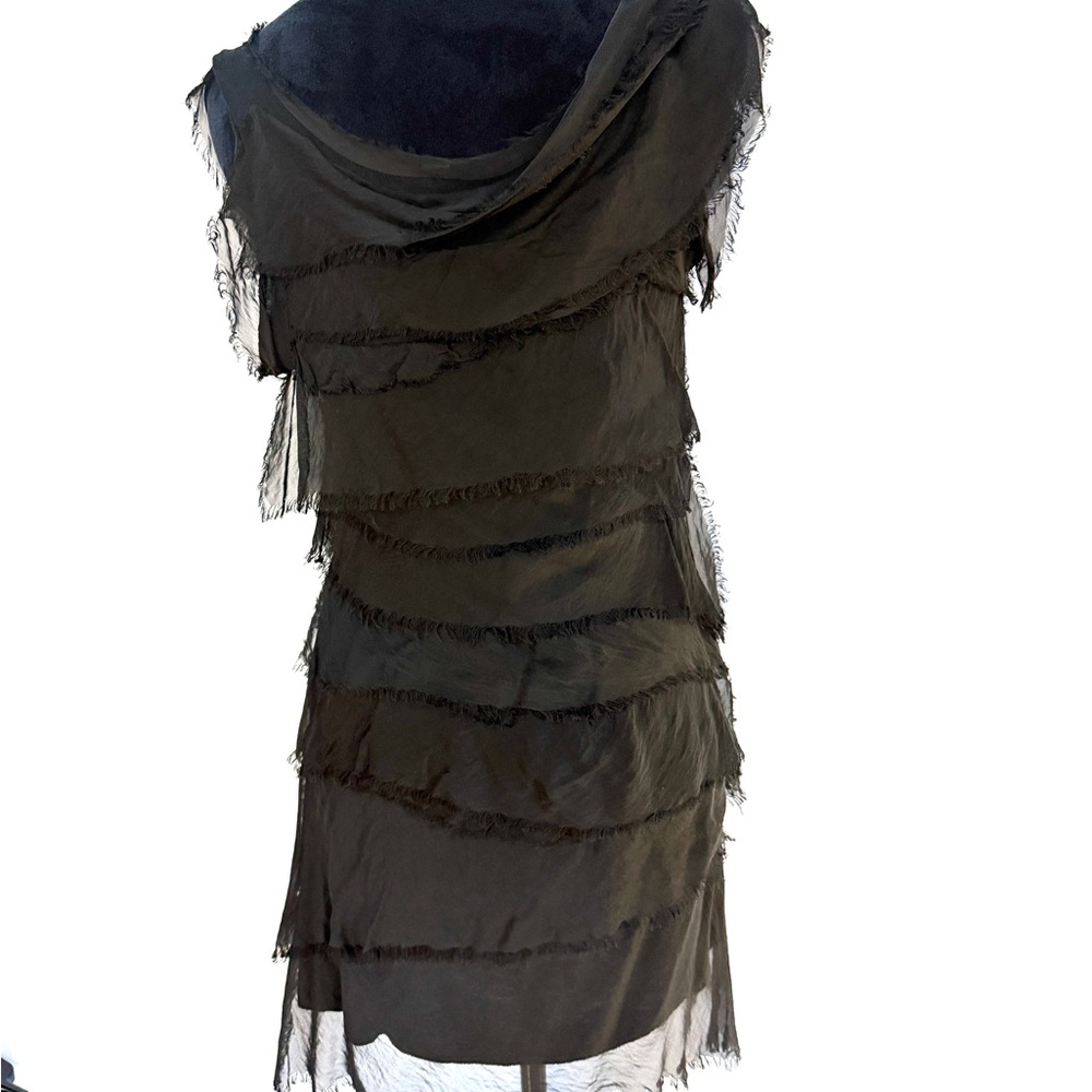 Tempo Paris Tiered Silk Raw Edge Asymmetrical Black Dress, Size M - Picture 9 of 16